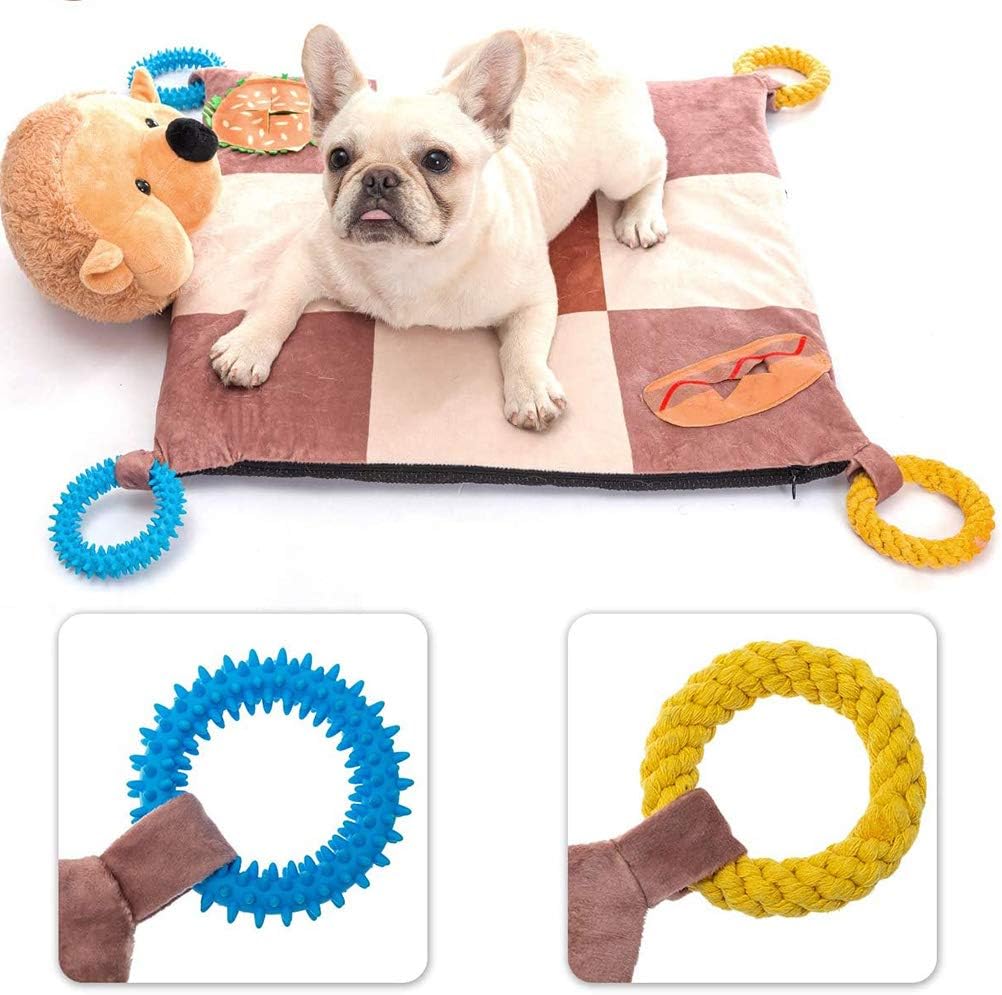 EXPAWLORER Dog Chew Toys Play Mat - Puppy Teething Toy Mat - Hedgehog Food Feeding Mat 20"x20" Warm & Soft with Rope Rubber Teething Toy