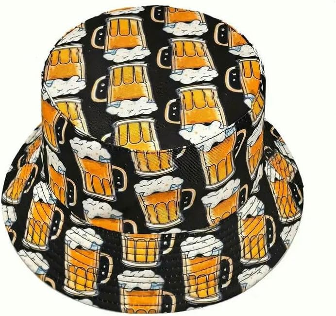 Cartoon Beer Bucket Hat Funny Printing Pattern Fisherman Hats Double Sided Panama Cap for Men Women Outdoor Sun Summer-Beer Print-22.05-22.83Inch (56-58Cm)