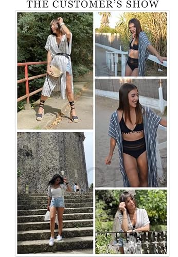 Dokotoo Womens Spring Female Striped Ladies Open Front Short Sleeve Fashion Long Kimonos Casual Long Cardigans Loose Shawl Kimonos Beach Swimsuit Cover Up Swimwear Outerwear One Size White #TOP4