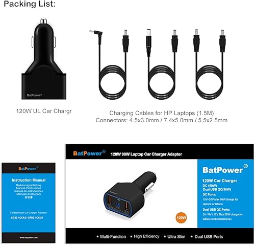 Miniatura 6 de BatPower Cargador de coche de 120 W DC para HP Cargador de coche portátil Cargador de vehículo DC 12v-24v Adaptador automático