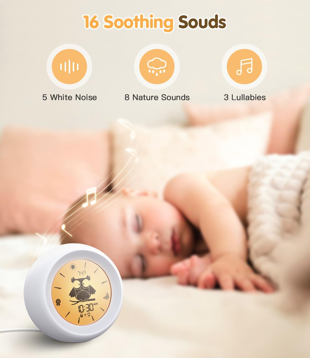 Image showing icons for 5 white noises, 8 nature sounds, and 3 lullabies, with a baby sleeping in the background and the kapebow AFQ05 device on a nightstand.