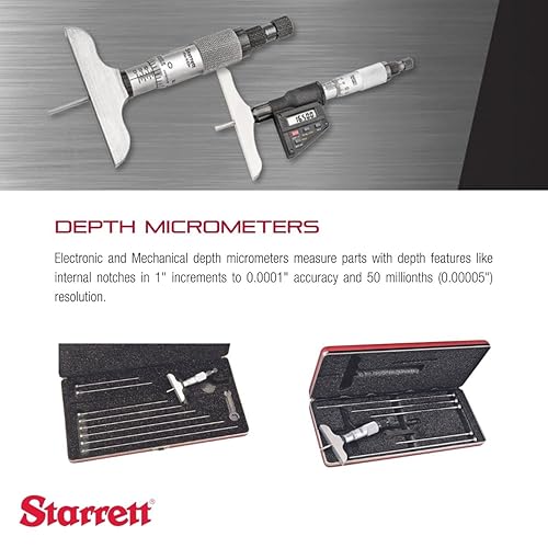 Miniatura 3 de Starrett 440, 445Vernier. Calibradores de profundidad, tope trinquete, tuerca de bloqueo, tipo micrómetro, medición en pulgadas, 1