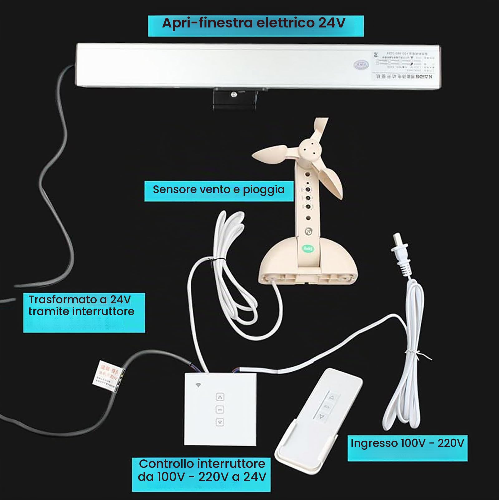 Attuatore Elettrico per Apertura Finestre 24V (Corsa 300-1000mm), Apri Finestre A Catena A Basso Rumore 600n, con Sensore Pioggia + Telecomando + Interruttore, per Lucernari/Sfiati sul Tetto,400mm