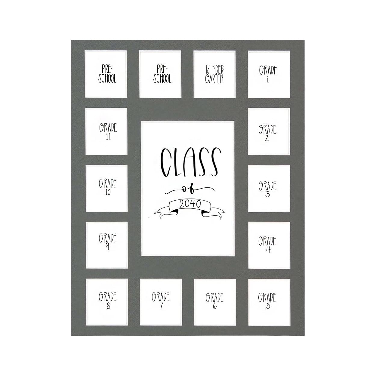 Rustic Red Door Co. Class of 2040 Photo Mat (11" x 14") Photo Collage Picture Frames Mat for School Pictures - No Frame Grey Photo Mat from Pre - K to Graduation (15 Photos)