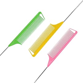 Rat Tail Combs Set: 3Pcs Long Steel Pin Teasing Combs for Salon Hair Stylists, Metal Parting Comb for Women(GreenYellowPink)
