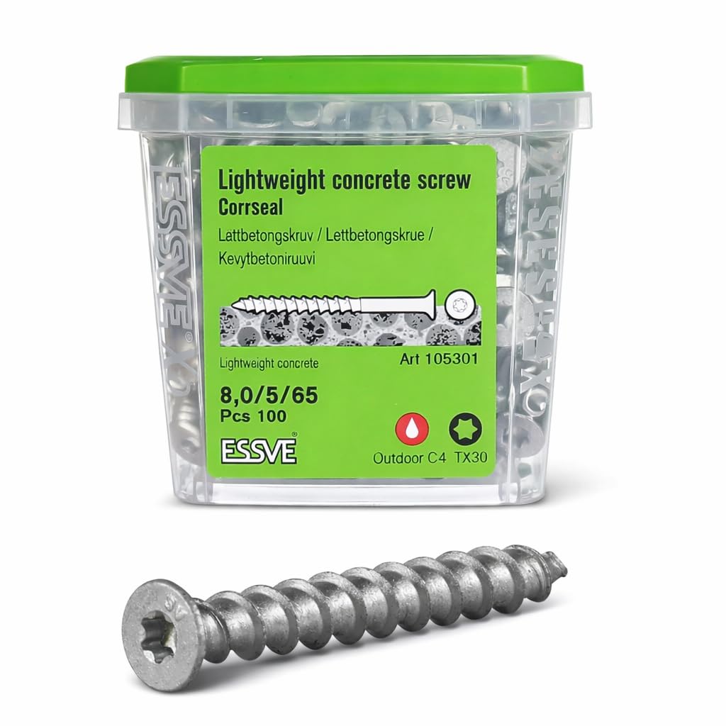 ESSVE Viti per calcestruzzo C4 (CorrSeal) 8,0 x 65 mm, per calcestruzzo aerato e cemento a gas (Ytong, Siporex, Leca), TX30, in acciaio temprato, senza preforatura, ESSBOX + sistema (8,0 x 65)