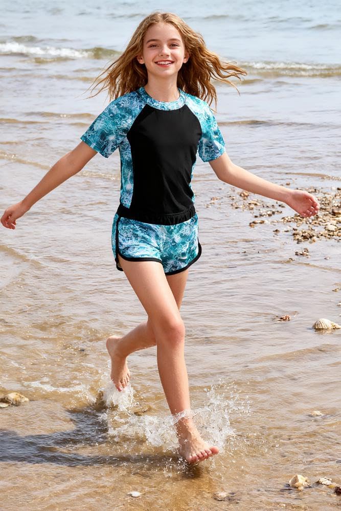 Idgreatim Girls Rashguard Swimsuit 2 Piece Short Sleeve Bathing Suit UPF 50+ Sun Proction Swimwear Size 8-16T