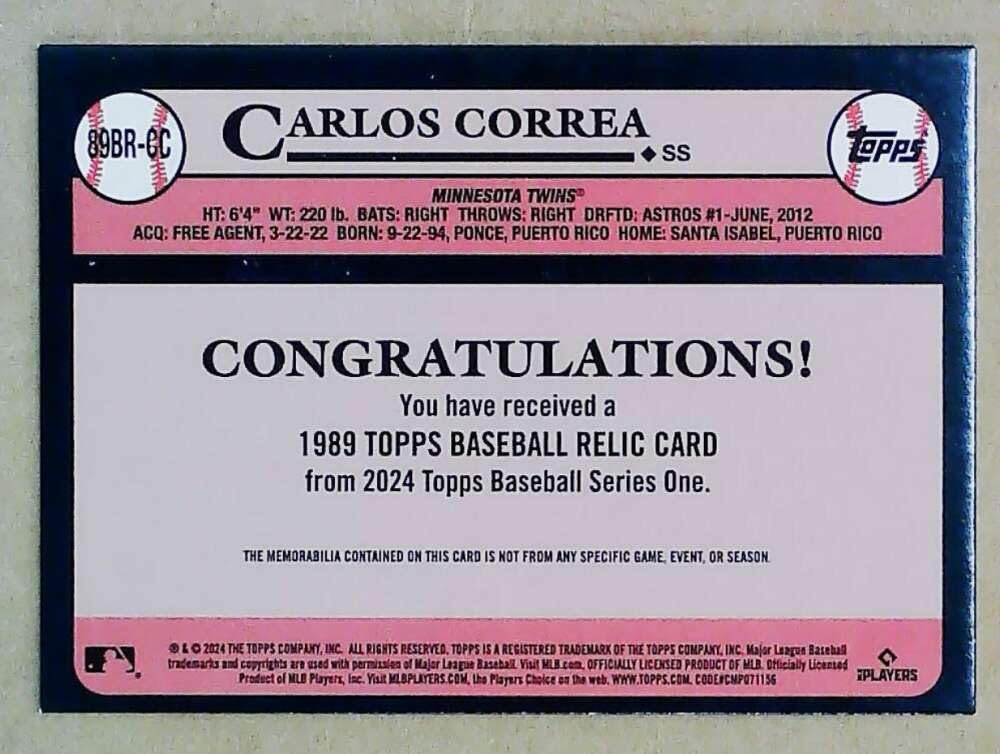 Amazon.com: 2024 Topps 1989 Baseball Relics #89BR-CC Carlos Correa 