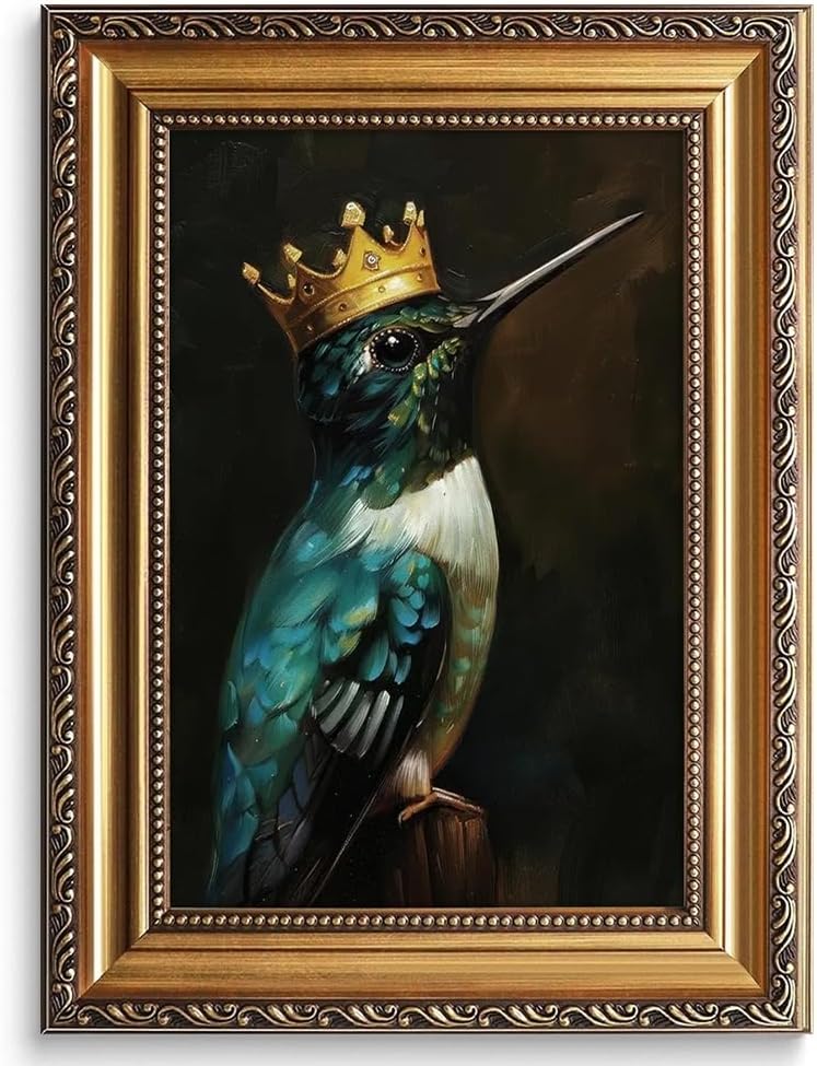 Gold Framed Emerald Green Hummingbird With King Crown Wall Art Print Dark Academia Wall Decor Vintage Bird Painting Poster for Bird Lovers Moody Wall Art for Bedroom Living Room Dorm Bathroom 12"x16"