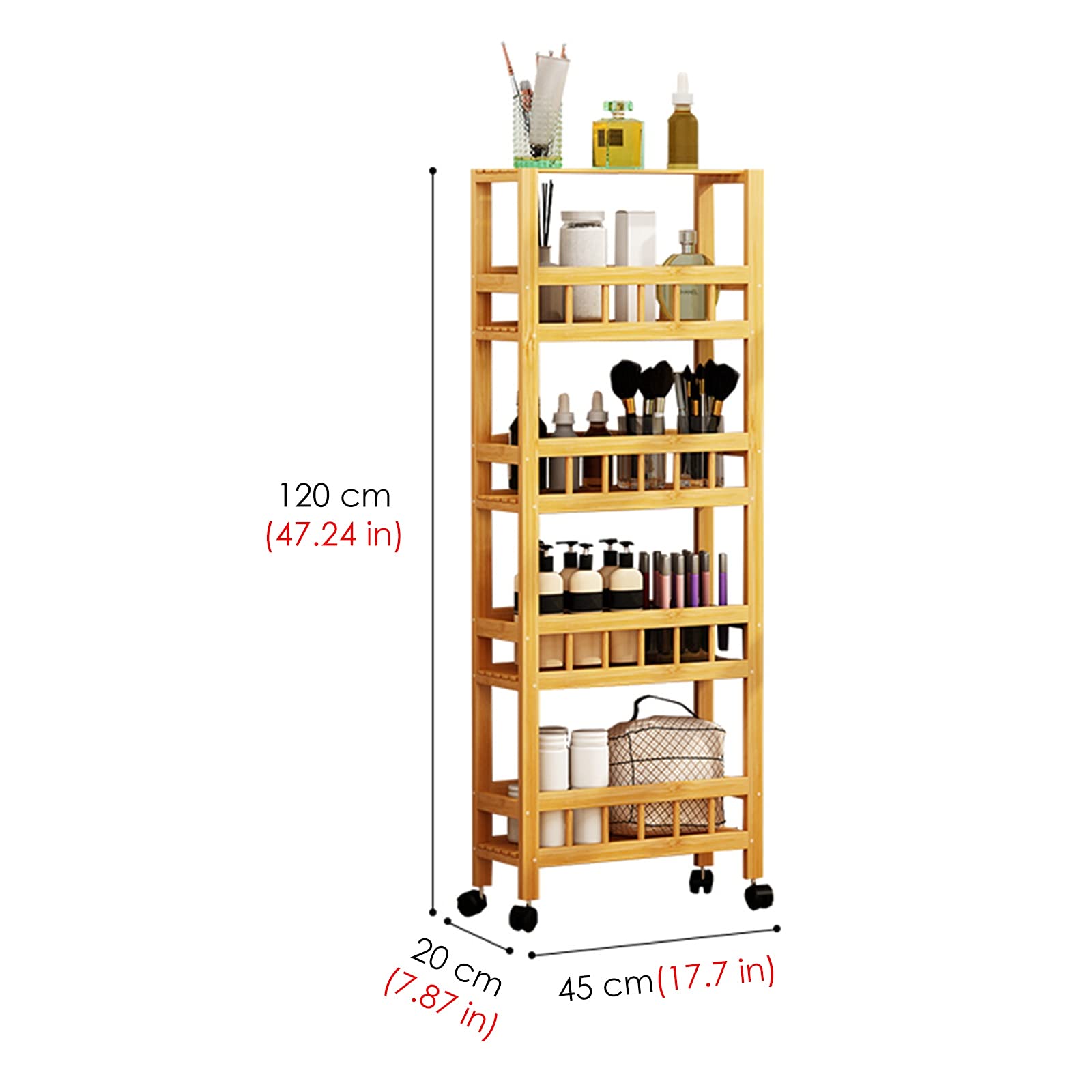 5-poziomowy wąski wózek do przechowywania na kółkach z kółkami, bambusowy, kuchenny, wysuwany organizer do wąskich przestrzeni, 20 cm szerokości, wózek do pralni