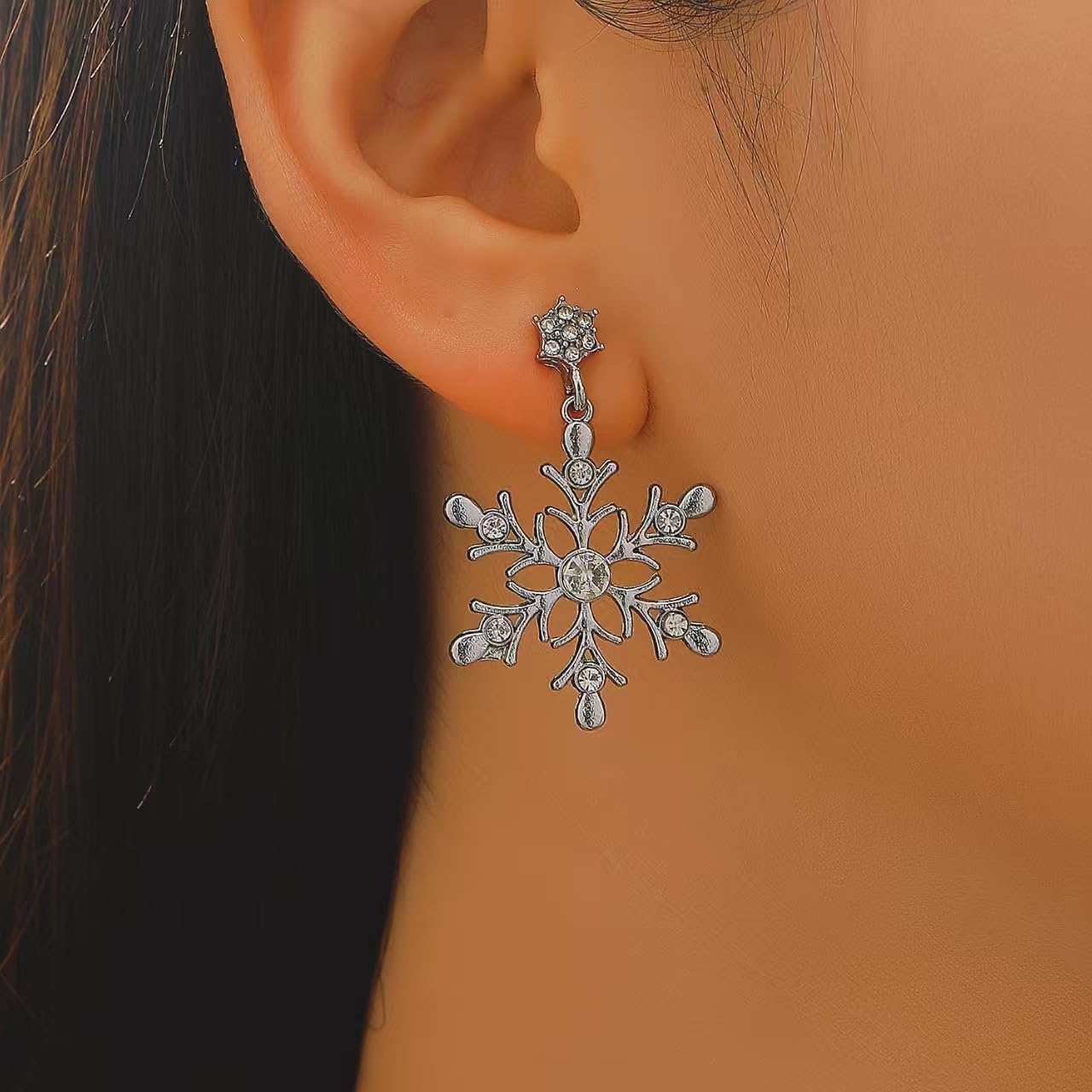 Silver Snowflake Earrings for Women Elegant Pearl Rhinestone Snowflake Dangle Drop Earrings Winter Frozen Flower Earrings Christmas Holiday Jewelry - Image 4
