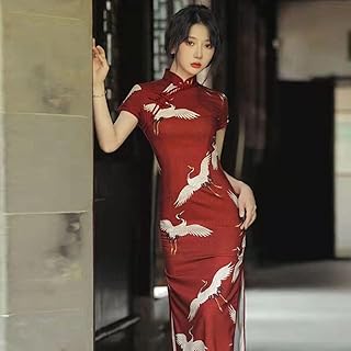 Summer Crane Print Long Cheongsam Vintage Qipao Daily Women Dress Slim Party Costume Plus Size Burgundy Formal Evening Gowns