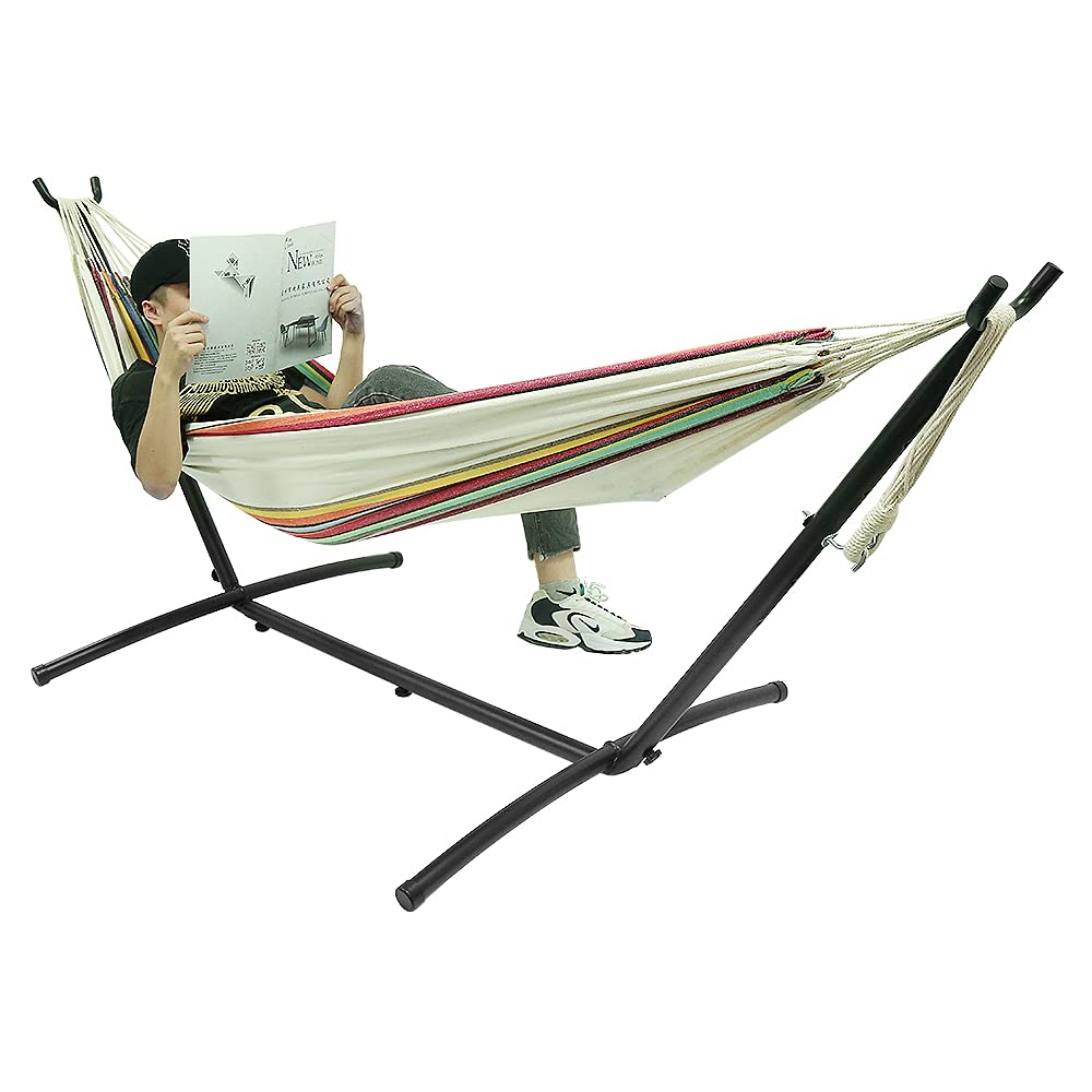 Drumm Hamac en Tissu avec Support, Double pour 2 Personnes, Hauteur Réglable, sur Pied Extérieur, Portable, pour Jardin, Camping, Balcon, Cour