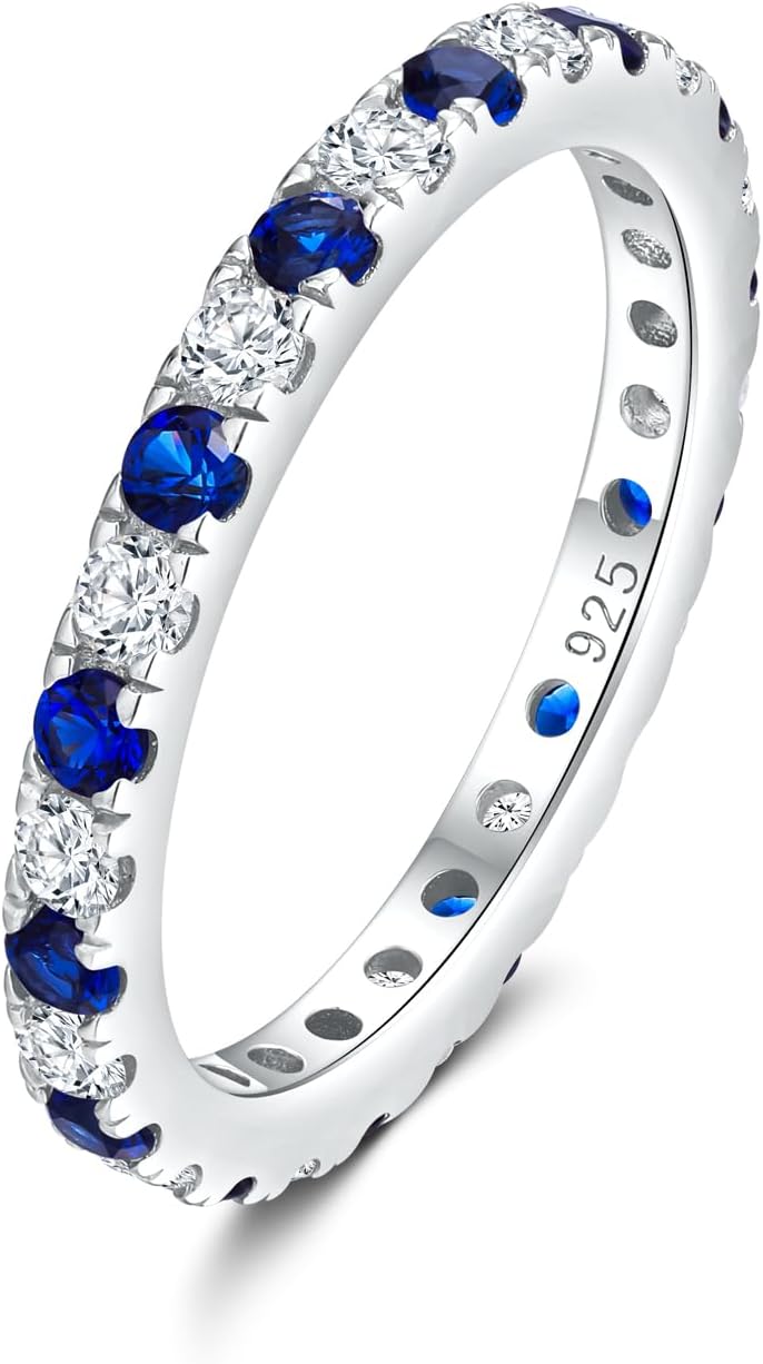 DAYBYDAY Sapphire/Emerald/Ruby Full Eternity Rings for Women, 2.4mm Thin Birthstone Stackable Rings, 925 Sterling Silver/14K Gold Plated Gemstone Wedding Band Size 6 to 10