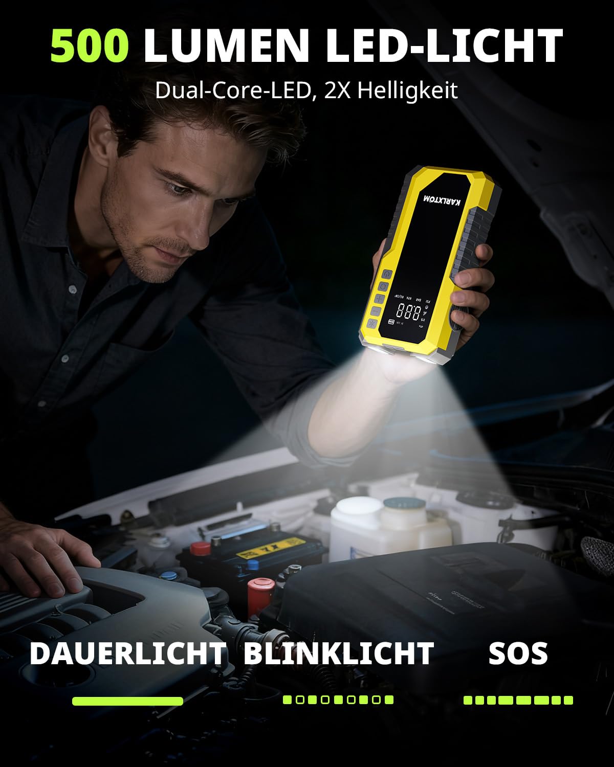 Karlxtom Starthilfe Powerbank für Pkw mit 190PSI Kompressor, 88Wh Auto Starthilfe Powerbank für All Benzin und 10L Dieselmotor, 4500A Starter Powerbank und 500LUM LED-Licht, LCD-Anzeige