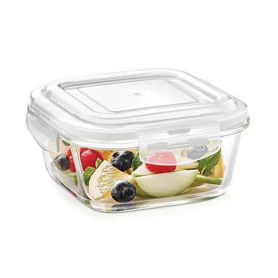 Borosil Klip N Store Glass Storage Container For Kitchen With Air-Tight Lid, Microwave & Oven Safe, Square, 1 L, Clear