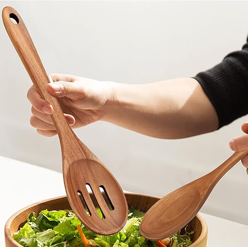 Miniatura 2 de Juego de 2 cucharas grandes de madera de 14 pulgadas, cucharas de madera maciza no tóxicas, utensilios de cocina, cuchara ranurada, cucharas de