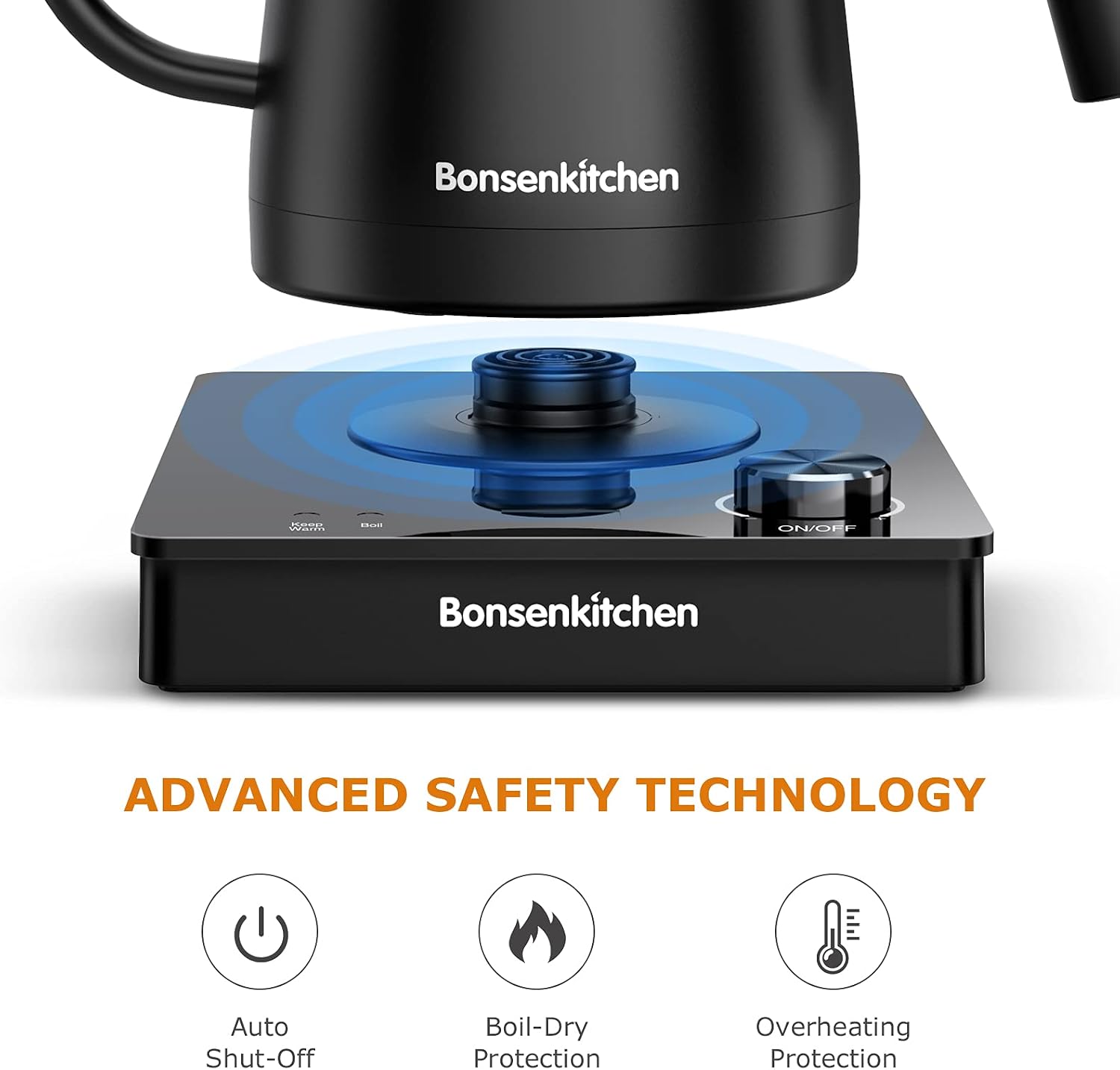 Bonsenkitchen Electric Pour-over Kettle For Coffee and Tea, Matte Black with Anti-Dry Burning Function Kettle, Knob Operation, Variable Temperature Control, 1300 Watt Quick Heating