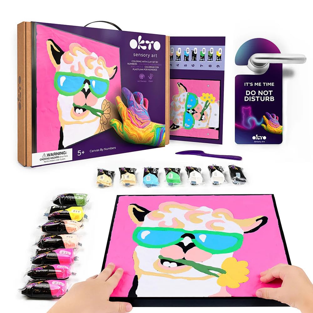 Okto Paint by Numbers for Children - Kid's Paint by Numbers Kits with Air Dry Clay, Unique 2D Wall Art, Sensory Canvas, Llama Themed, Framed Animal
