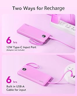 VRURC Portable Charger 10000mAh, Travel Essentials Battery Pack, 5 Output 2 Input Power Bank, Built-in Micro & USB C Cables Phone Charger Compatible with iPhone,Samsung,Android-Purple(1 Pack)