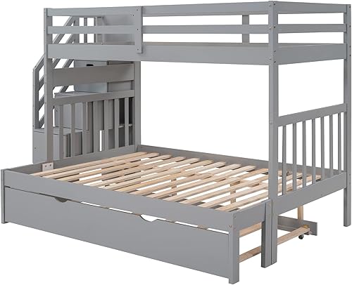 Miniatura 8 de Harper  Bright Designs Wood Bunk Bed Frame Twin Over TwinFull Bunk Bed with Trundle and Drawers Convertible Bunk Bed with Stairs and Guard Rail Gray