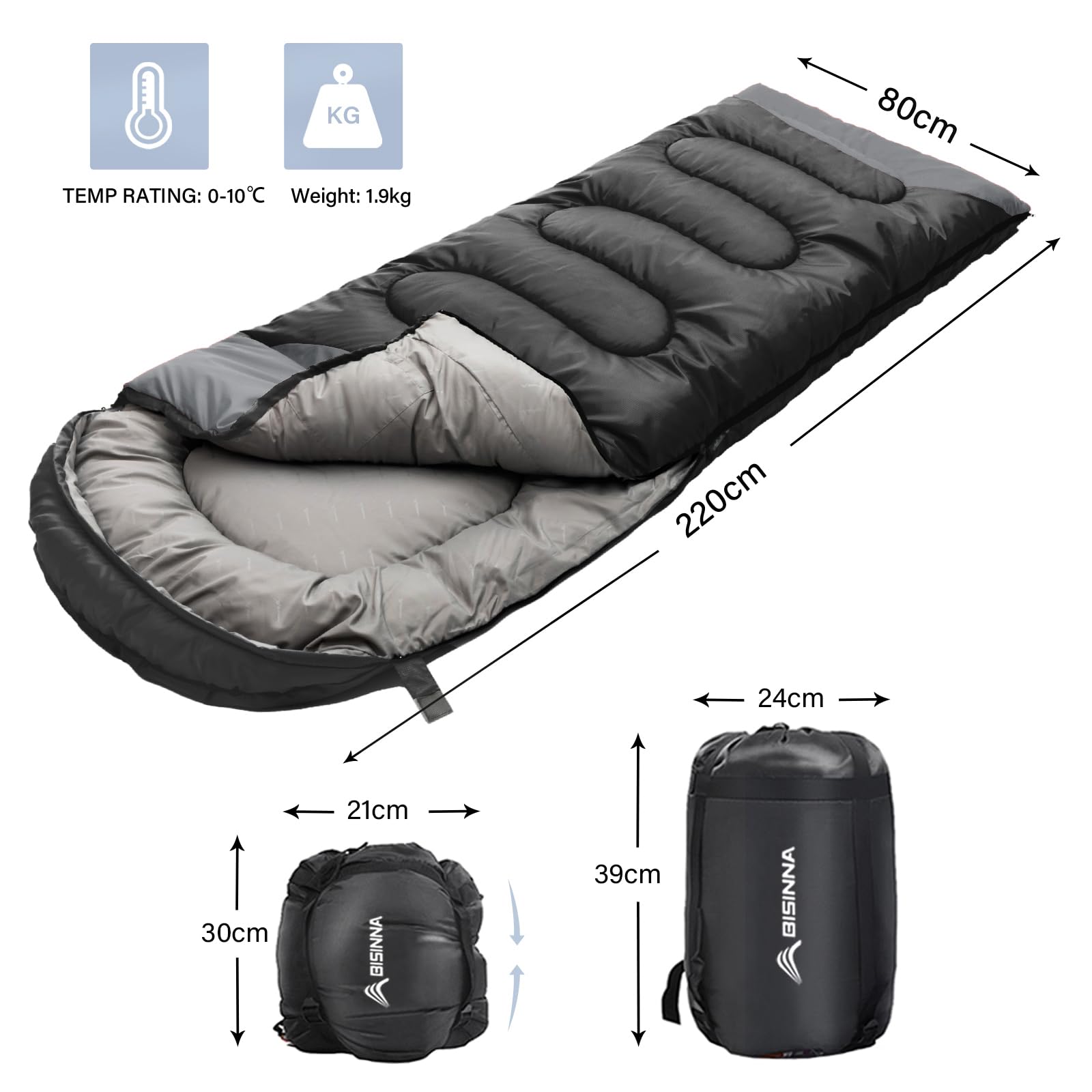 BISINNA Schlafsack 1.9kg 4 Jahreszeiten Wasserdichter Warmer Deckenschlafsack mit Kompressionssack für Erwachsene, Damen, Herren Outdoor Camping, Wandern