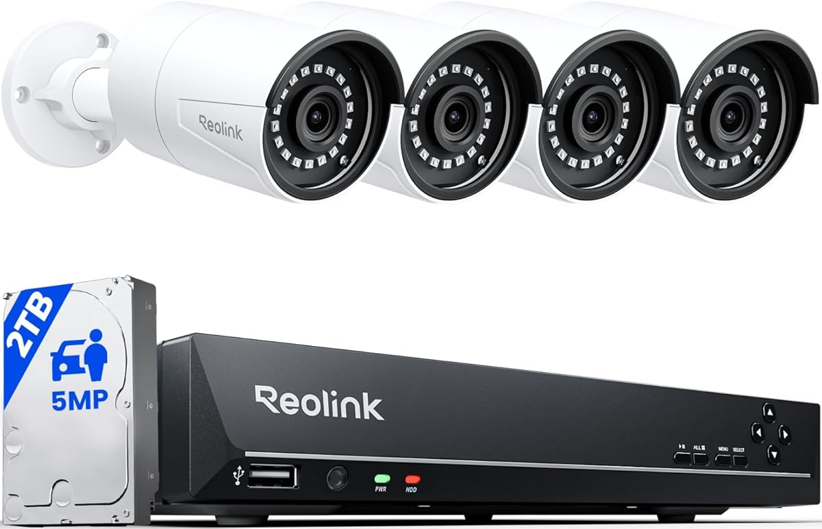 REOLINK 8CH 5MP Security Camera System, 4pcs Wired PoE Cameras for Home Security Outdoors, Smart Person/Pet/Vehicle Detection, 4K 8CH NVR with 2TB HDD for 24-7 Recording, RLK8-410B4-5MP White : Electronics