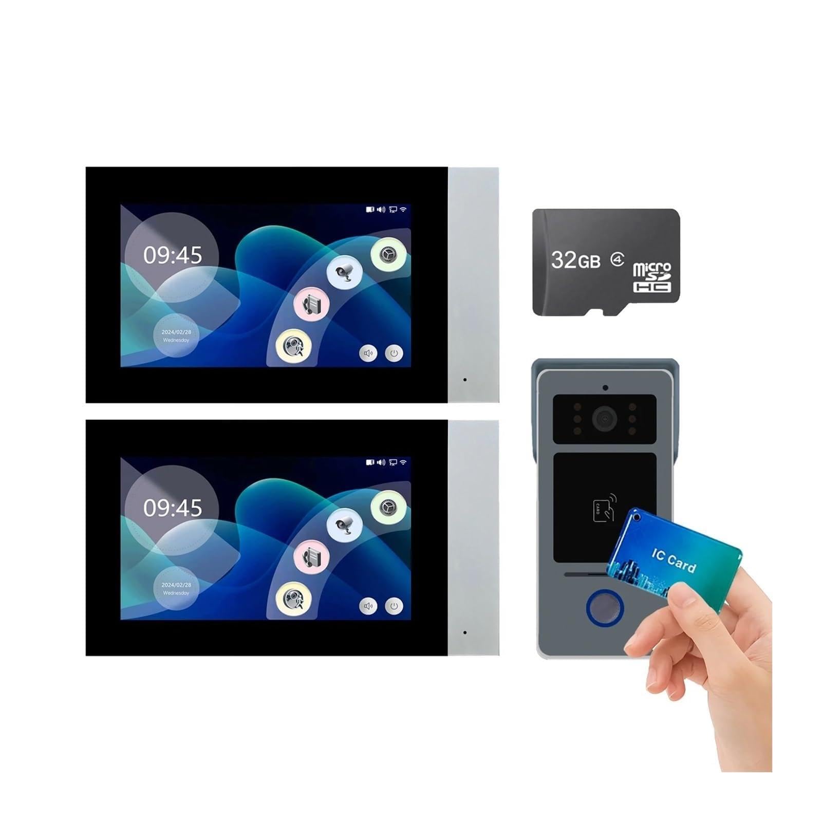 Wideodomofon, Tuya Wifi 1080P 2-żyłowy inteligentny zestaw wideodomofonowy do domu z wideodomofonem, 7-calowym ekranem dotykowym IPS LCD, dzwonkiem do drzwi, zabezpieczeniem D41(1to2 7inch TF 32GB)