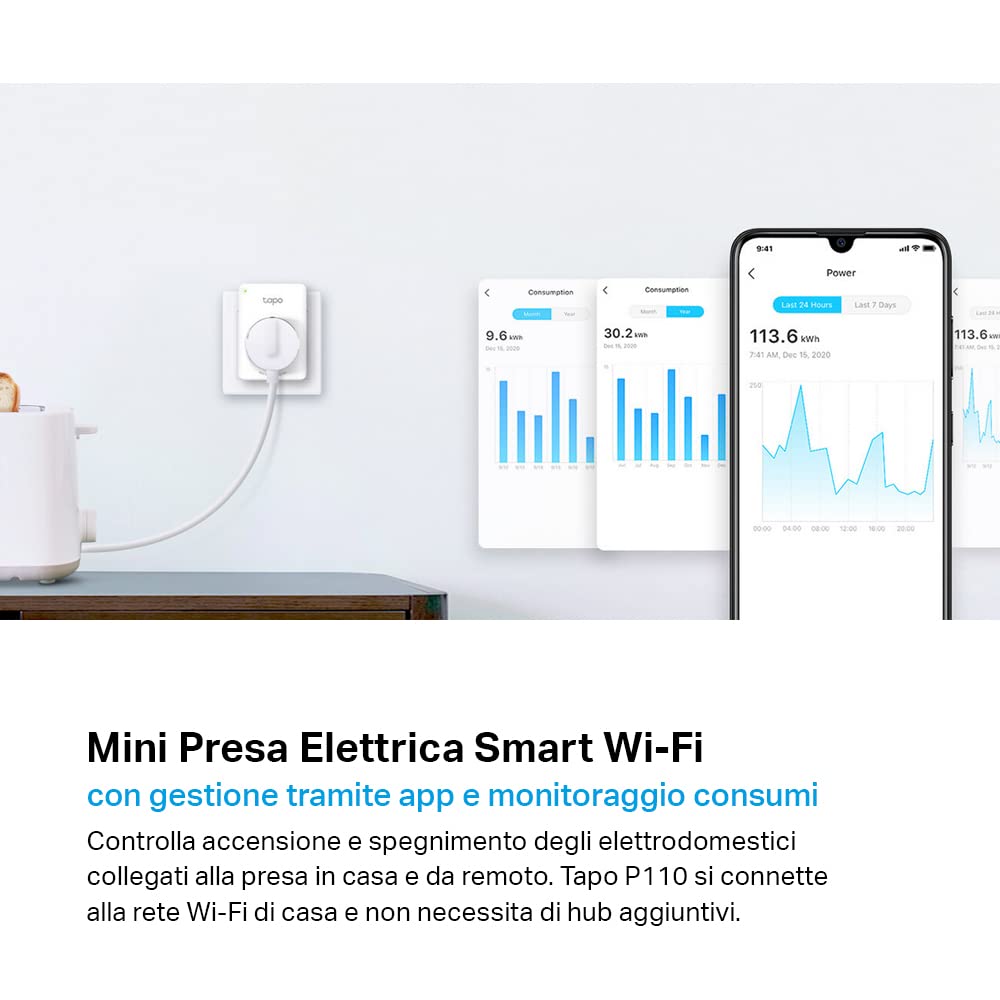 Tapo P110 Presa Intelligente con Monitoraggio Energia, Smart Plug Compatibile con Alexa e Google Home, Monitora il Consumo di Energia, Controllo Remoto Tramite APP Tapo, 16A, 3680W