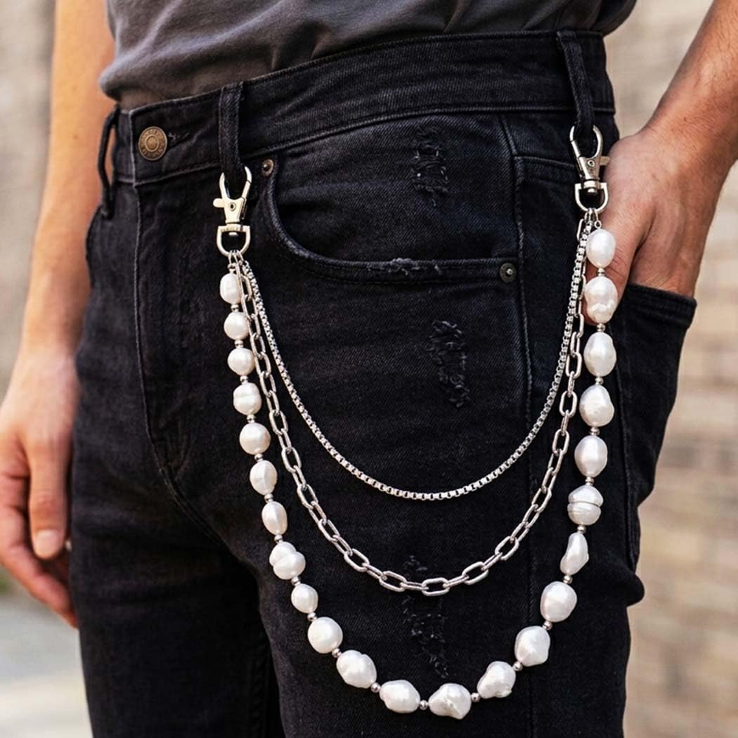 Woeoe Pearl Pants Chain Layered Jean Chains Punk Wallet Chains for Women and Men