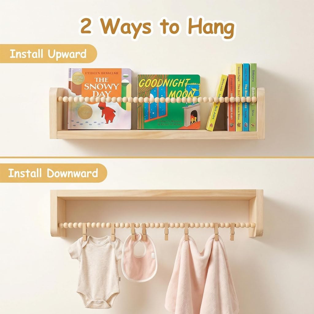 Set of 2 Floating Book Shelf for Wall, Natural Solid Wood Wall Mounted Shelves with Beaded Bar, Hanging Bookshelves for Bedroom, Living Room & Home Office Display (Standard Set)