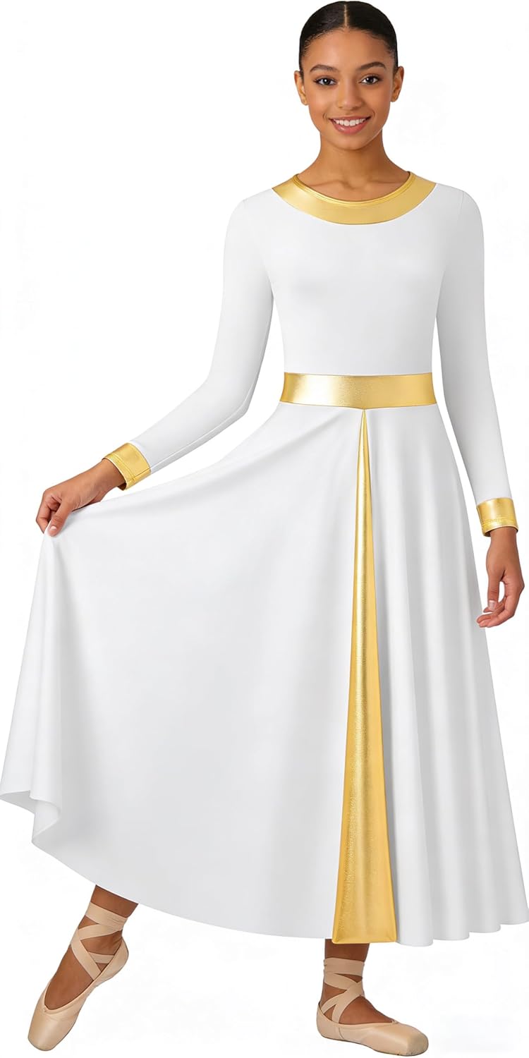 Praise Dance Dresses for Women Liturgical Dance Dress Fit Full Length Metallic Dancewear,Upper Lining