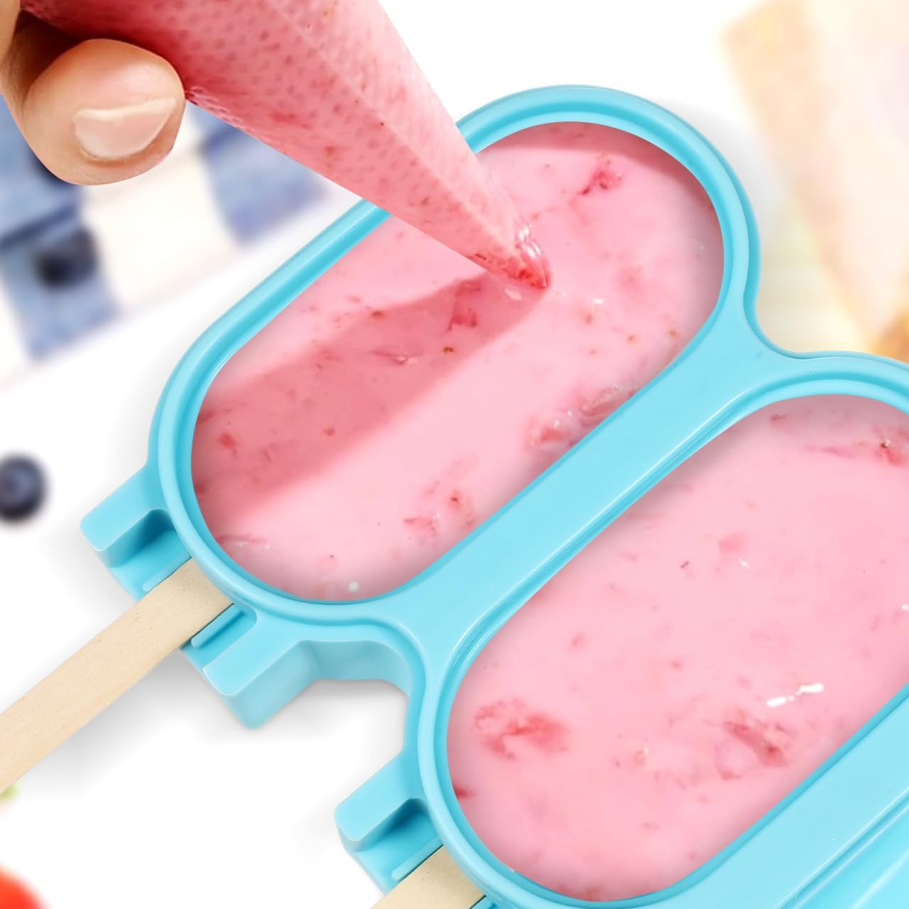iplusmile 4 Cavity Silicone Ice Cream Molds with Sticks, Blue Freezing Tray