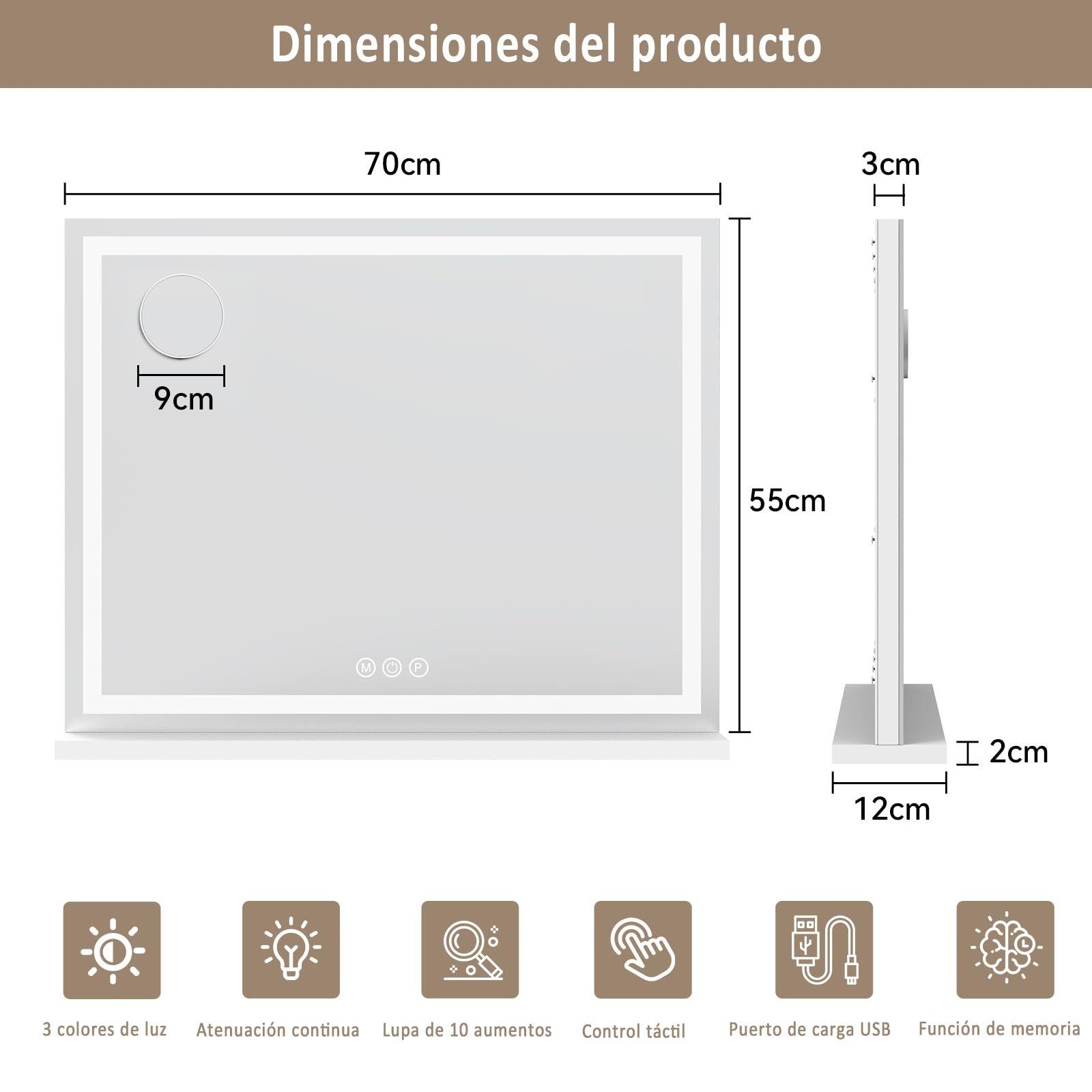 YU YUSING Espejo Maquillaje con Luz, 70x55cm, 3 Modos Iluminación Regulables, Espejo Tocador Grande, Espejos de Mesa, Cargador USB, 10x, Vanity Mirror Tocador Dormitorio, Controles Táctiles, Blanco