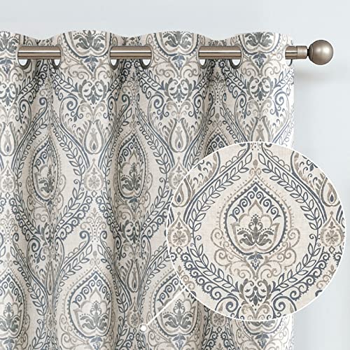 Jinchan Damask Printed Curtains For Bedroom Drapes Vintage Linen Blend Medallion Curtain Panels Window Treatments For Living Room Patio Door 1 Pair 84 Inch Long Blue On Beige #TOP2