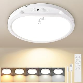 shochi Deckenlampe mit Bewegungsmelder, Kabellos Aufladbare LED Deckenleuchte, 8000mAh Lange Laufzeit, 5 Farbtemperaturen, Akku Lampe mit Fernbedienung Timer für Keller Garage Schlafzimmer Flur