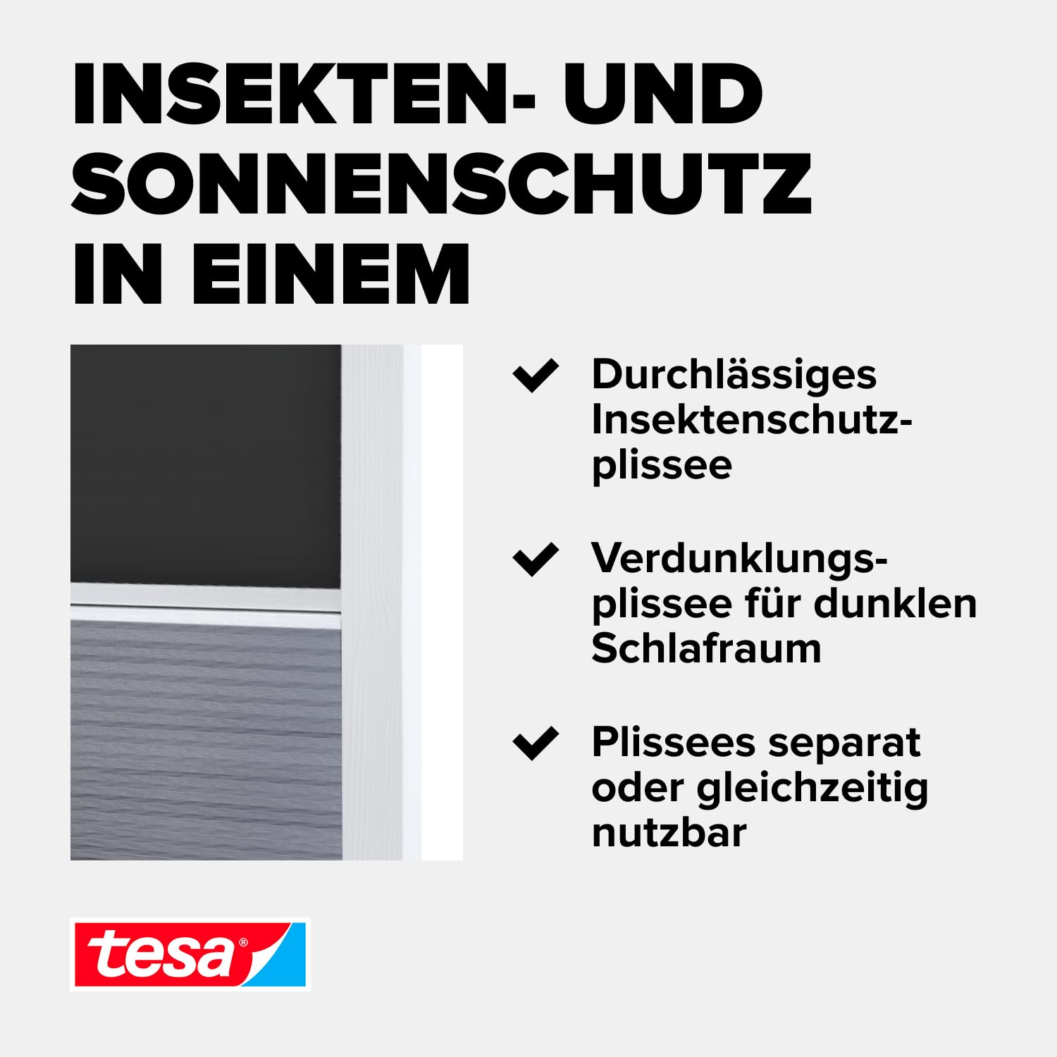 tesa Insect Stop 2-in-1 Verdunklungs- und Insektenschutzplissee Premium für Dachfenster - anpassbar, Montage ohne Bohren und Sägen - max. 1,16 m x 1,64 m - Profile in Weiß - Plissees in Anthrazit
