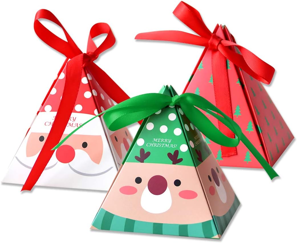 ASTARRY Christmas Candy 3D Treat Boxes Boxes 30 Pack of 3 Patterns（Santa/Reindeer/Christmas Tree） with Tags and Ribbon for Holiday Xmas Goody Gift, Goodie Paper Boxes