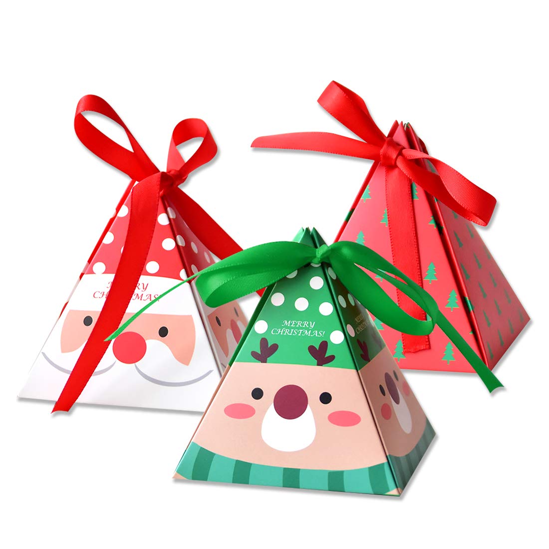 ASTARRY Christmas Candy 3D Treat Boxes Boxes 30 Pack of 3 Patterns(Santa/Reindeer/Christmas Tree) with Tags and Ribbon for Holiday Xmas Goody Gift, Goodie Paper Boxes
