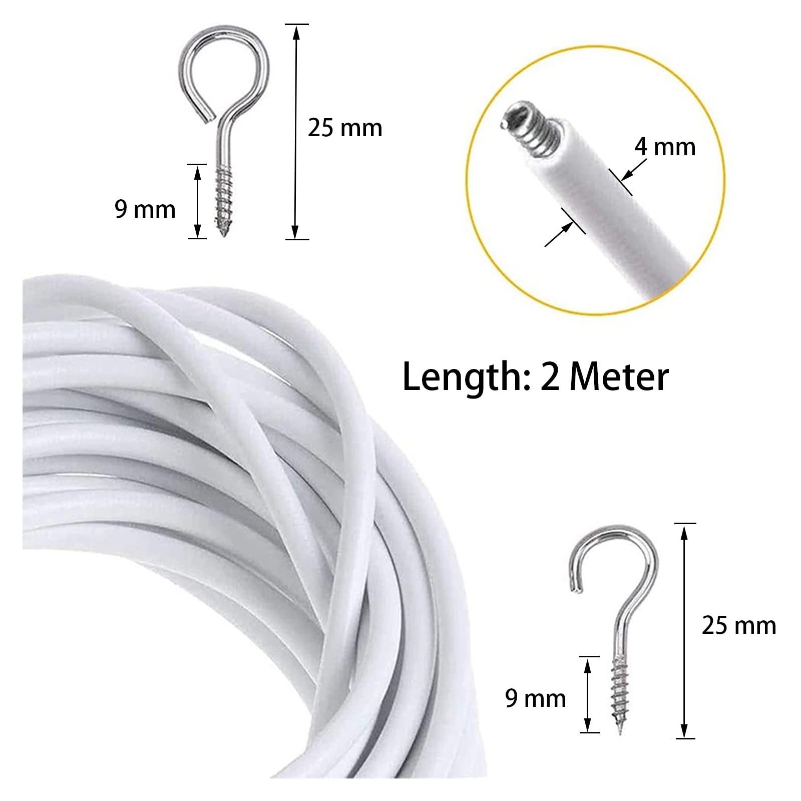 Net Curtain Wire with Hooks and Eye, 2 Meter Plastic Coated Curtain Wire with 4 Hooks and 4 Eyes, White, 2M - Image 2