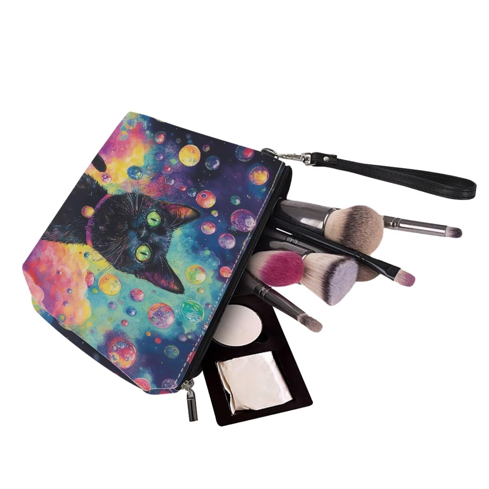 Jeiento Galaxy Planet Black Cat Cosmetic Bag Pencil Bag Travel Portable Hanging Toiletry Travel Bags for Women Girl - Image 4