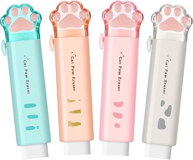 RosewineC 4 Pcs Cat Paw Shaped Retractable Erasers, 4 Color Cute Rubber for Kids, Push-Pull Cute Cat Paw Rubber Eraser for Students Writing Office School Supplies