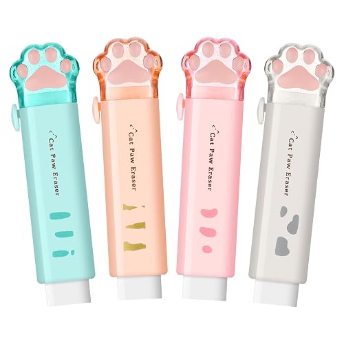 RosewineC 4 Pcs Cat Paw Shaped Retractable Erasers, 4 Color Cute Rubber for Kids, Push-Pull Cute Cat Paw Rubber Eraser for Students Writing Office School Supplies