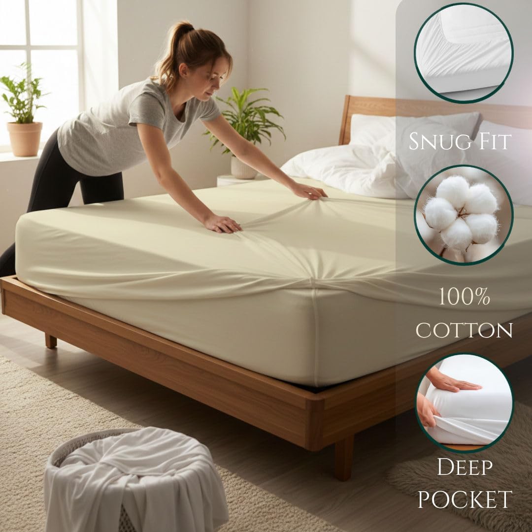 Twin XL Fitted Sheet Only, 1000 Thread Count Egyptian Cotton Fitted Sheet Twin XL, Breathable & Soft Fitted Sheets, 18 Inch Deep Pocket Twin XL Fitted Sheet Ivory
