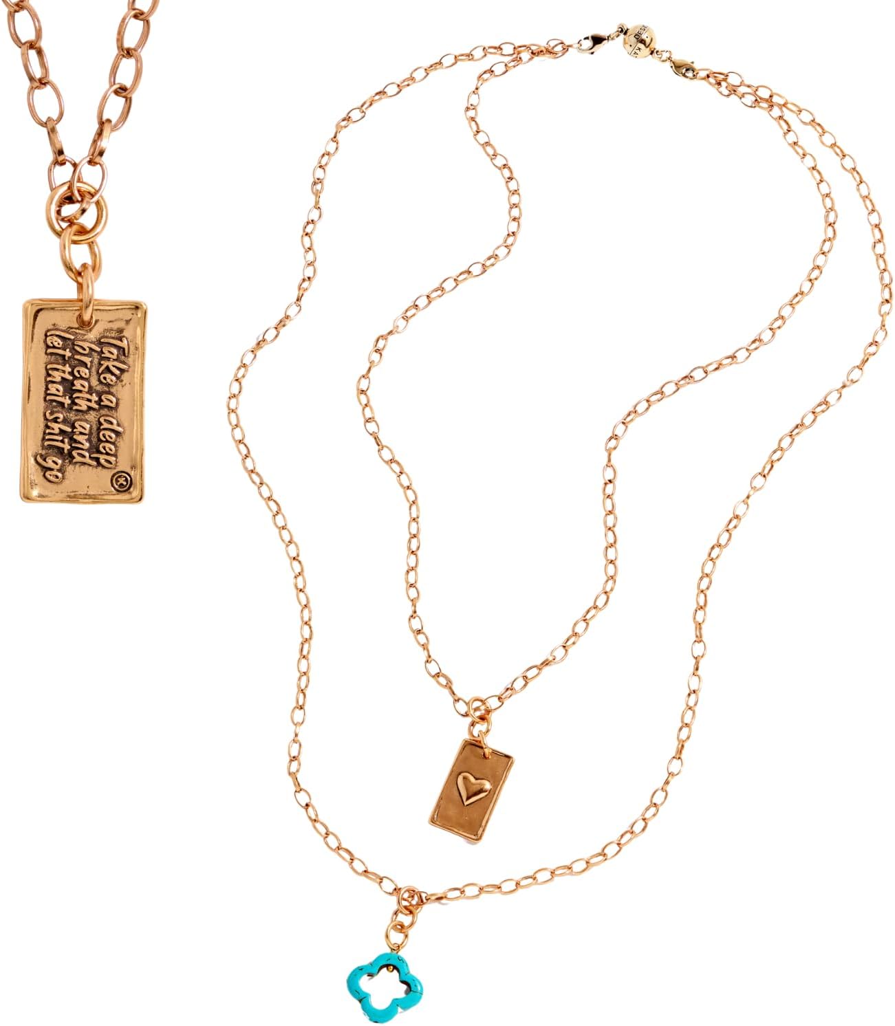 Katia Designs Layered Necklace for Women – Long Brass-Plated or Stainless Steel Chain with Clover or Crystal Pendant & Affirmation Tag – Boho Jewelry – Quick-Connect Clasp, Nickel-Free