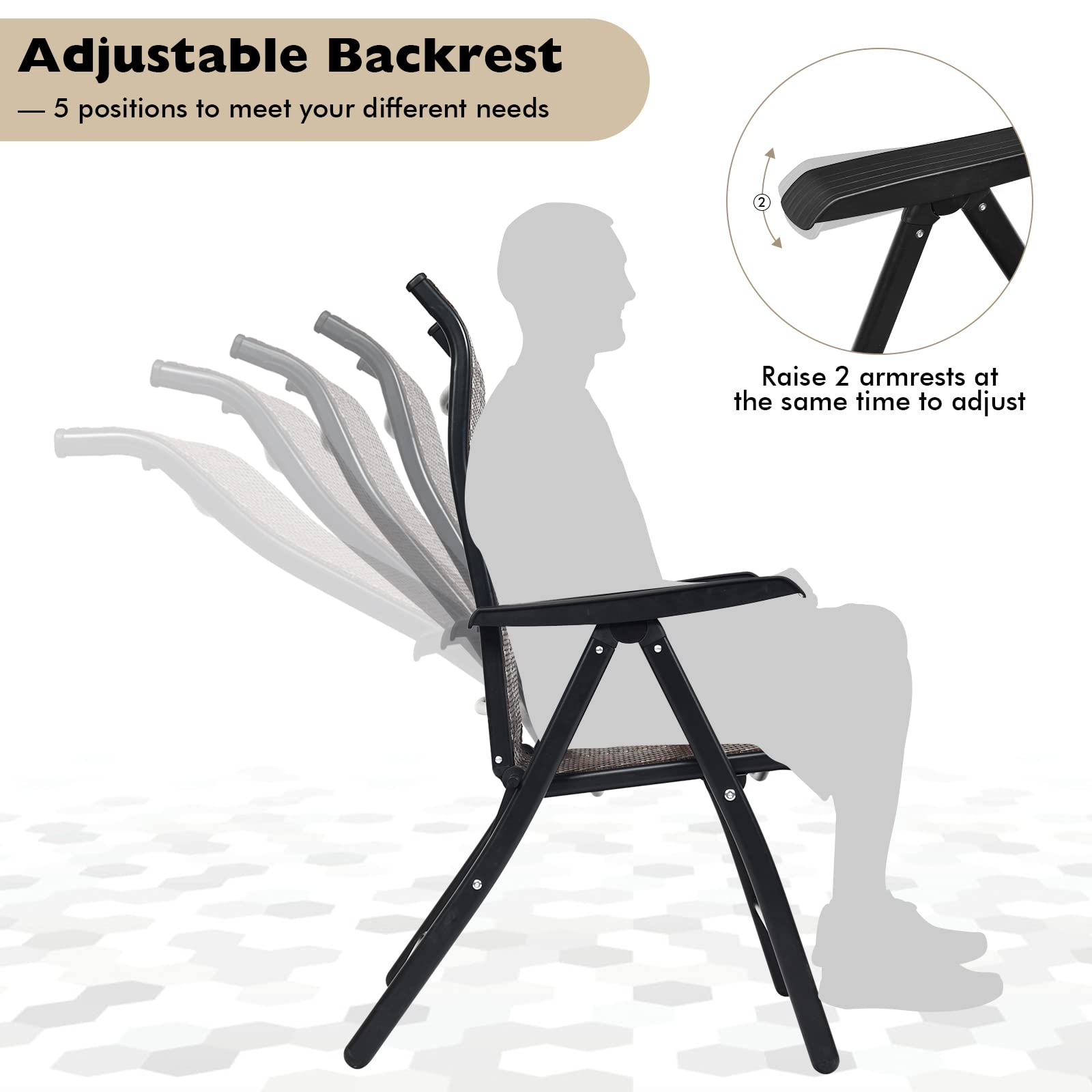 GIANTEX Set di 2 sedie da giardino in rattan con schienale regolabile, sedia pieghevole da giardino, sedia da pranzo, ergonomica, con braccioli, per giardino, balcone