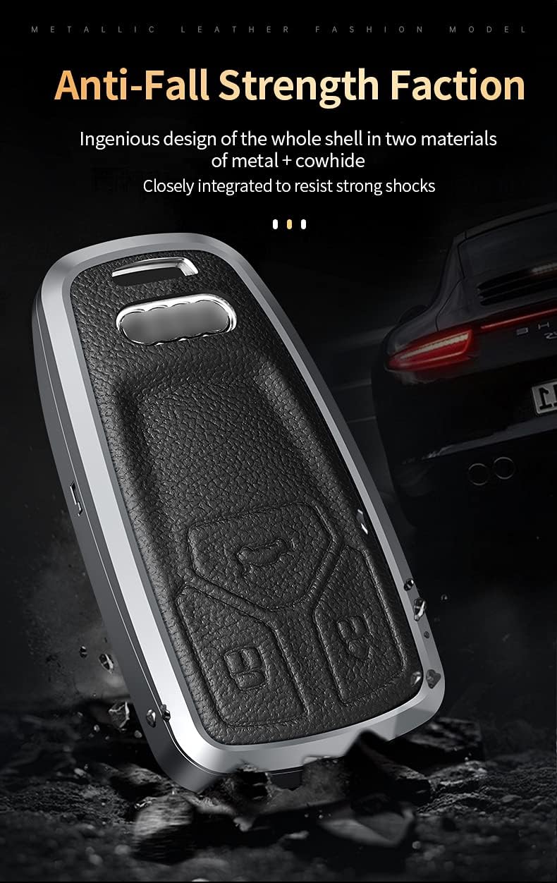 SANRILY Metal Leather Key Fob Cover for Audi Q5 A4 A3 A6 Q7 TT S5 SQ5 R8 Keyless Keychain Holder Key Protector Case Shell White
