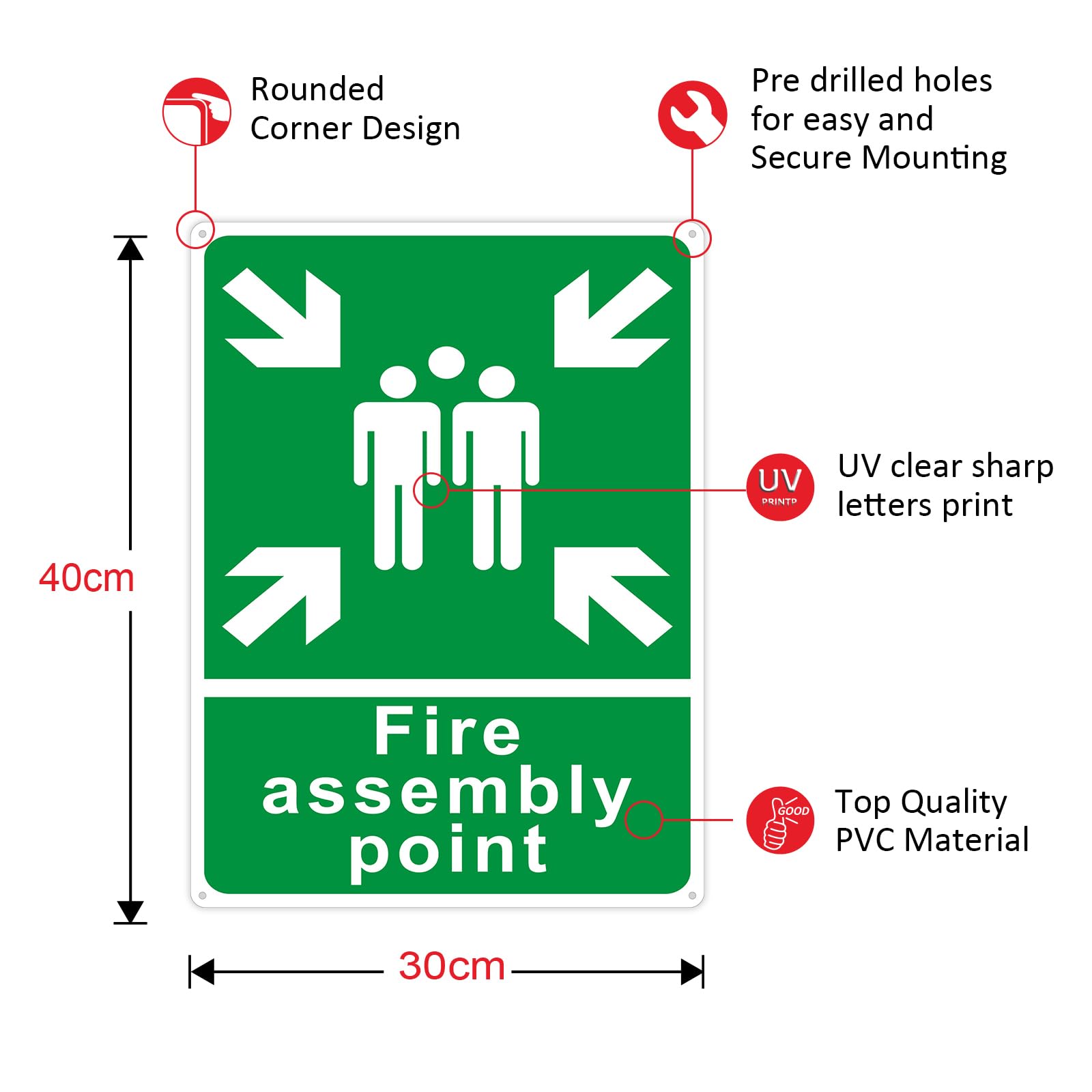 Large Fire Assembly Point Sign Outdoor, 300x400mm Reflective PVC Fire Safety Signs with 4 Pre-Drilled Holes,Weatherproof,Green - Image 3