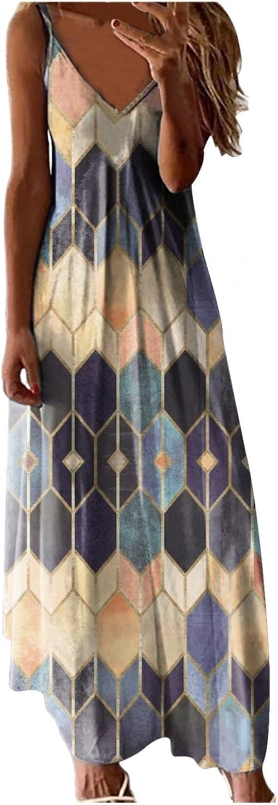 Amazon Co Jp レディース ワンピース 夏 サマー ドレス マキシ ロング 丈 ノースリーブ ボヘミアン ファッション ワンピ プリント キャミソール リゾートワンピ Vネック サマーワンピース 着痩せ リゾート 旅行 ビーチ 夏 シューズ バッグ