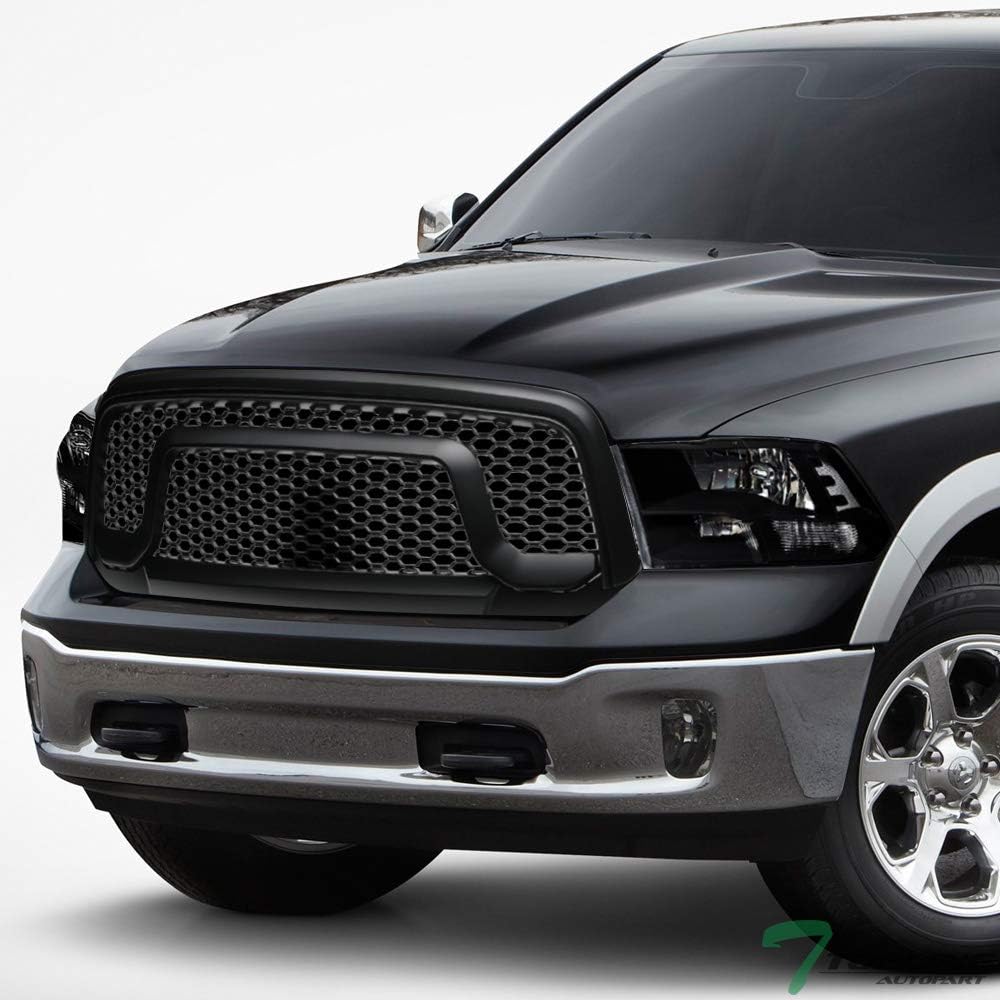 Quad Headlamp Style Black Clear Housing Crystal Headlights Signal nb + Matte Black Rebel Style Honeycomb Mesh Front Hood Bumper Grille Guard ABS Compatible With 13-18 Dodge Ram 1500 / 19-24 Classic